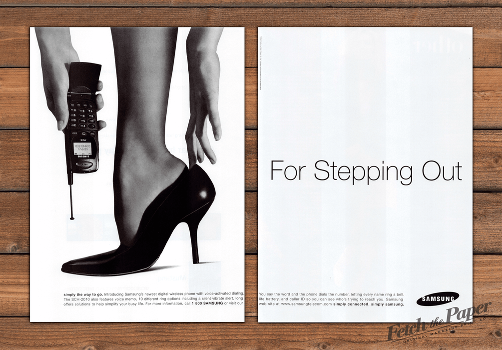 Samsung Phone Heels "For Stepping Out" Legs Print Ad 1998 1990s (2pgs)