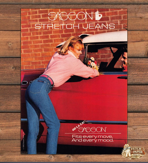 Sasson Jeans OO LA LA! Leaning Model Red Car 1980s Print Advertisement Ad 1983
