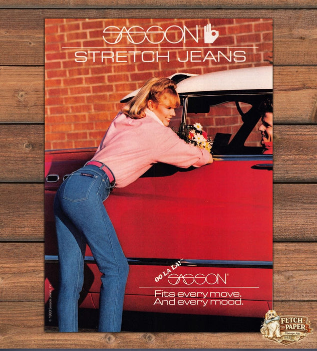 Sasson Jeans OO LA LA! Leaning Model Red Car 1980s Print Advertisement Ad 1983