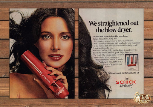 Schick Drying Stick Blow Dryer Woman Long Hair Print Ad 1978 1970s (2 Pages)