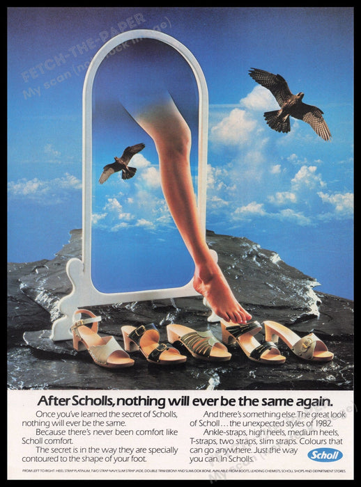 Scholl Shoes 1980s Print Advertisement Ad 1982 Legs Mountains Birds Fetch the Paper!
