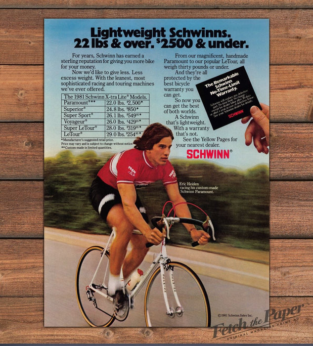 Schwinn Lightweight Bicycles Eric Heiden Racing Print Ad 1981 1980s