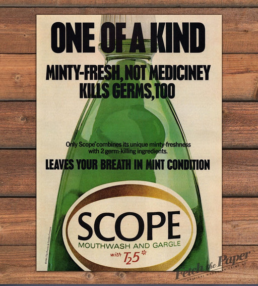 Scope Mouthwash Gargle Green Bottle Mint Fresh Print Ad 1981 1980s