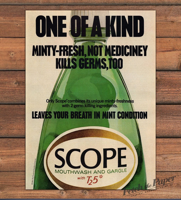 Scope Mouthwash Gargle Green Bottle Mint Fresh Print Ad 1981 1980s
