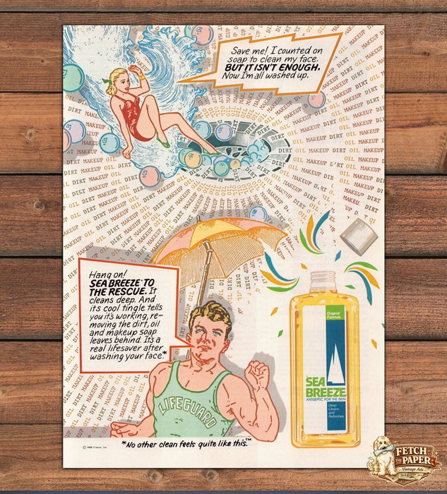 Sea Breeze Astringent Lifeguard Comic Bikini Beach Print Ad 1988 1980s