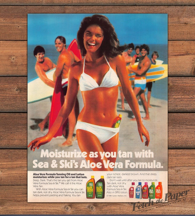 Sea & Ski's Aloe Vera Formula Bikini Surfer Dude 1980s Print Advertisement 1984