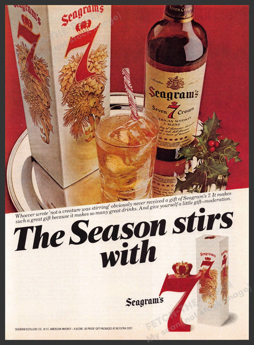 Seagram's 7 1980s Print Advertisement 1982 "The Season stirs with Seagram's 7" Fetch-the-Paper