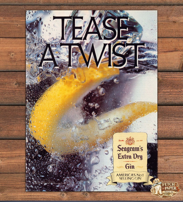 Seagram's Extra Dry Gin Tease A Twist Lemon Peel Ice Print Ad 1988 1980s