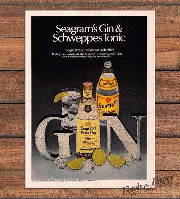 Seagram's Gin Schweppes Tonic Lime Cocktail Print Ad 1981 1980s