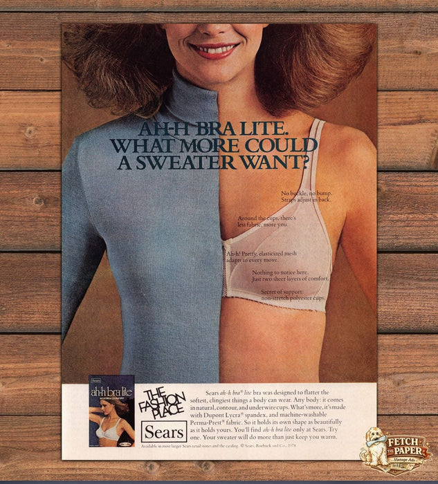 Sears Ah-h Bra Lite Seamless Split Sweater Demo Print Ad 1979 1970s