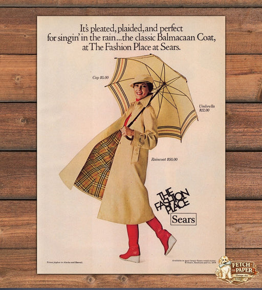 Sears Balmacaan Coat Red Boots Umbrella Plaid Lining Print Ad 1978 1970s