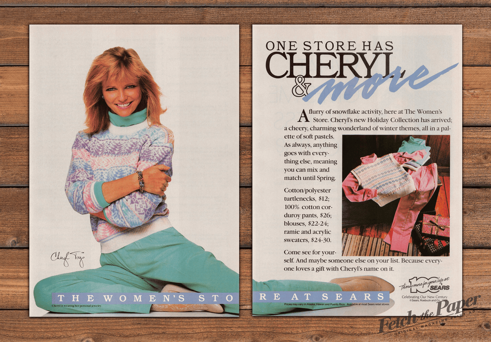 Sears Cheryl Tiegs Holiday Sweater Collection Print Ad 1986 1980s (2pgs)