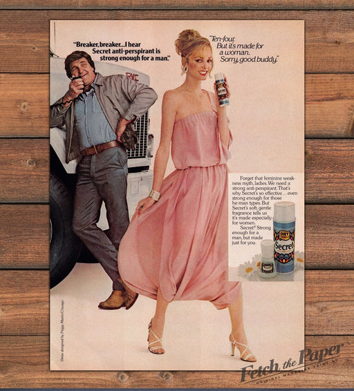 Secret Anti-Perspirant Truck Driver & Sexy Blonde 1980s Print Ad 1980