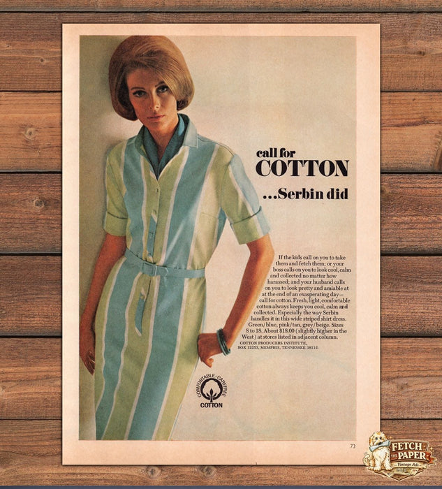 Serbin Call For Cotton Striped Shirt Dress Bob Hairstyle Print Ad 1966 1960s