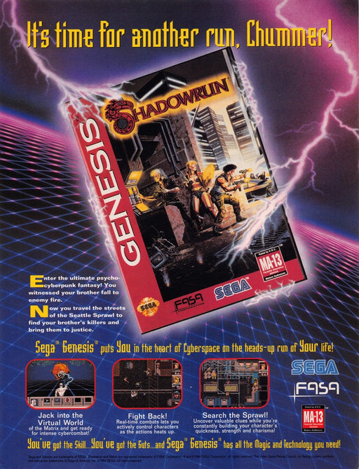 Shadowrun Sega Genesis Video Game 1990s Print Advertisement Ad 1993