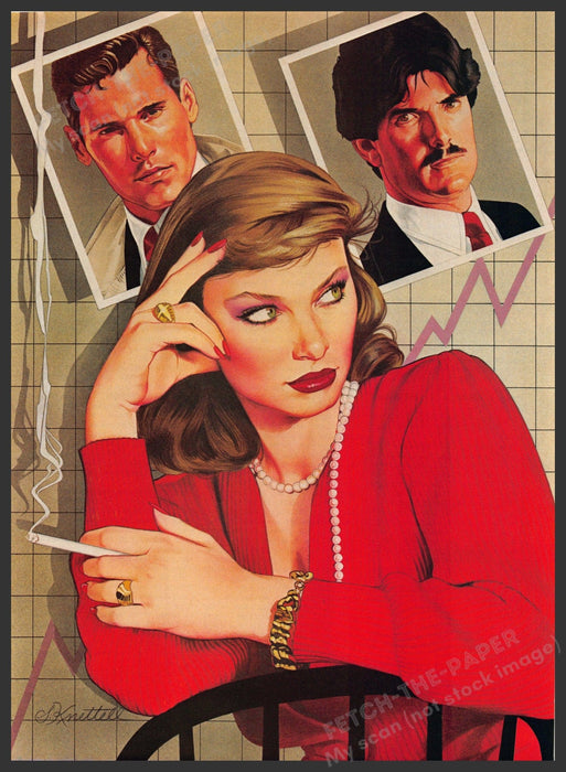 Sharon Knettel Artist 1980s Magazine Illustration 1984 Woman Two Men to Choose Fetch-the-Paper