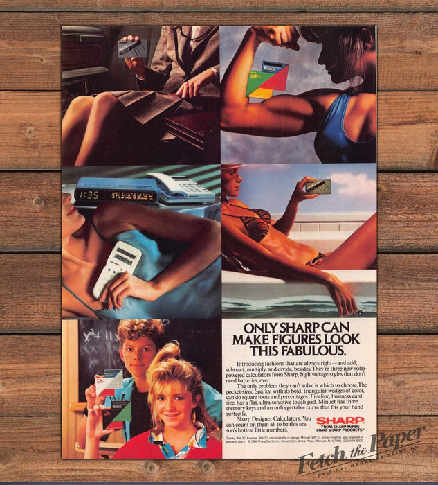 Sharp Designer Calculators Bikini Pool Flexed Arm Classroom Print Ad 1986 1980s