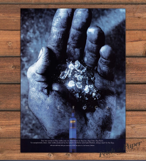 Skyy Vodka Blue Rocks Hand Crystals Bottle Print Ad 1997 1990s