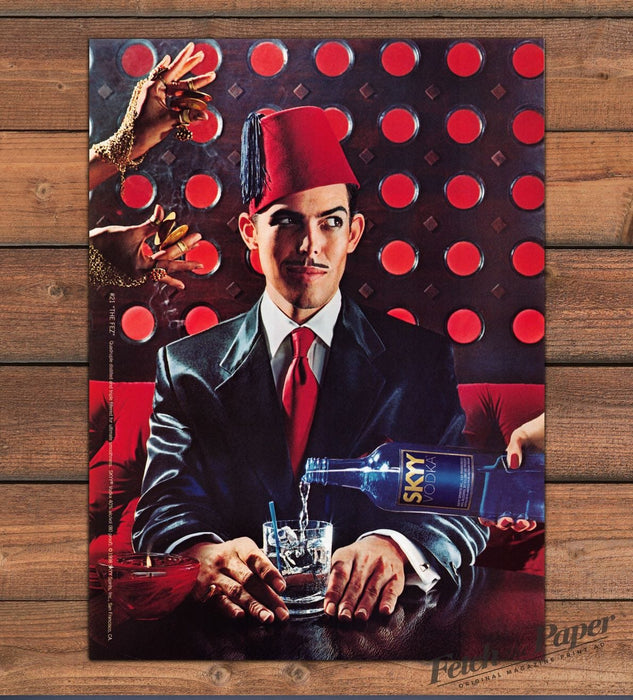 Skyy Vodka "The Fez" Man In Suit Red Fez Tassel Print Ad 1998 1990s