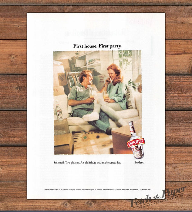 Smirnoff Vodka First House First Party Couple on Sofa Print Ad 1993 1990s