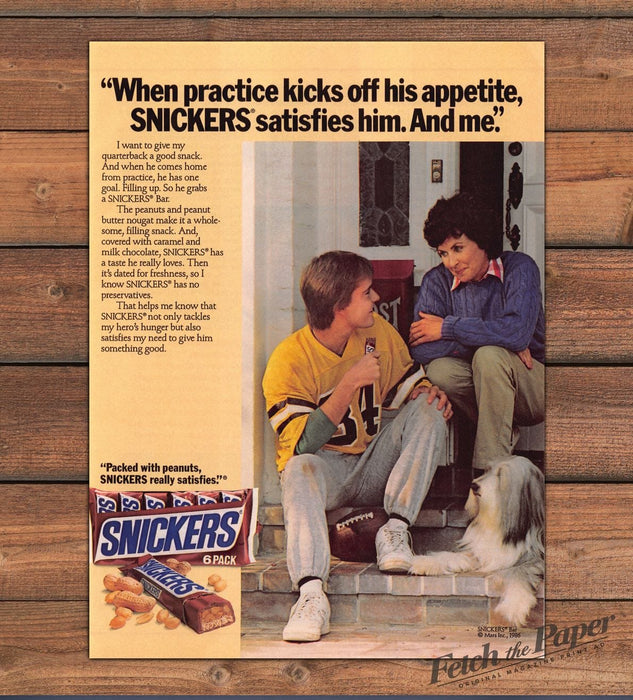 Snickers 1980s Print Advertisement 1986 Mom Football Practice Son Sheepdog Dog