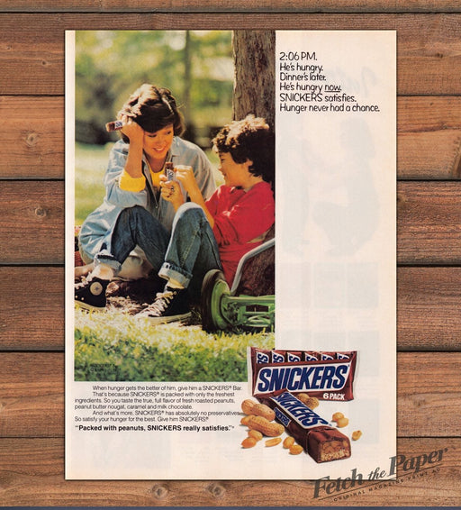Snickers Candy Bar Mom Son Under Tree Push Mower Print Ad 1987 1980s