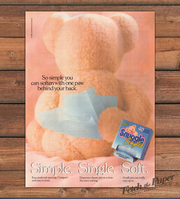 Snuggle Singles Dryer Sheets Teddy Bear Print Ad 1993 1990s