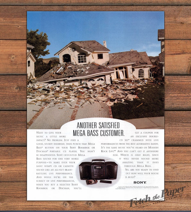 Sony Mega Bass Boombox Discman Collapsed House Funny Humor Print Ad 1997 1990s