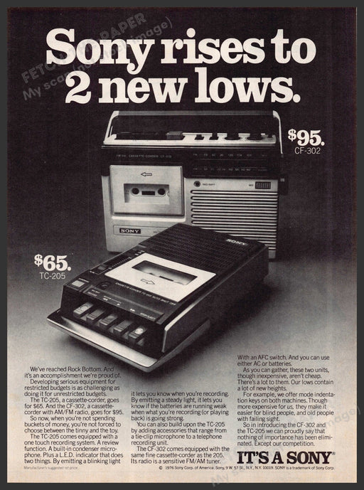 Sony TC-205 & CF-302 1970s Magazine Print Advertisement 1977 Radio & Cassette Sony