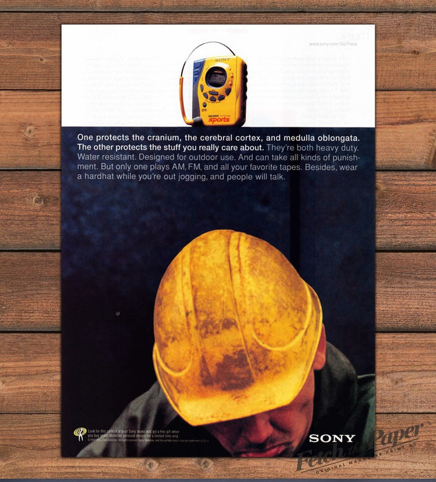 Sony Walkman Sports Radio Hardhat Cranium Protects Print Ad 1997 1990s