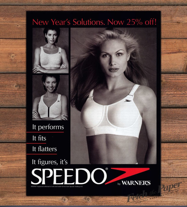Speedo by Warner's Sports Bra "It performs. It fits." Sporty Print Ad 1997 1990s