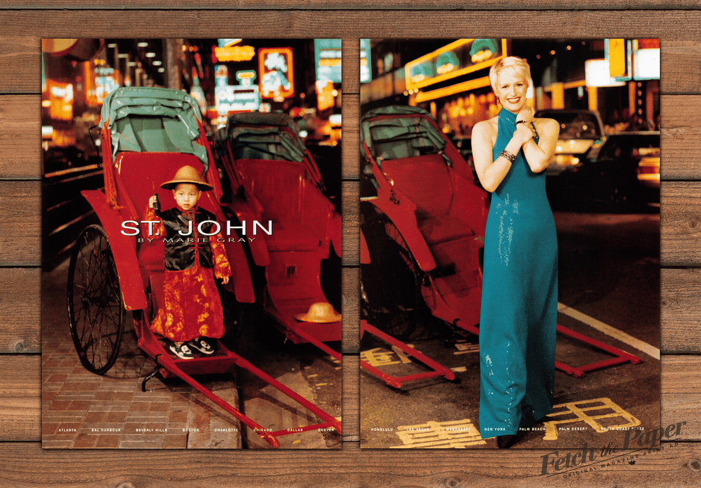 St. John By Marie Gray Teal Gown Hong Kong Rickshaw Print Ad 1998 1990s (2pgs)