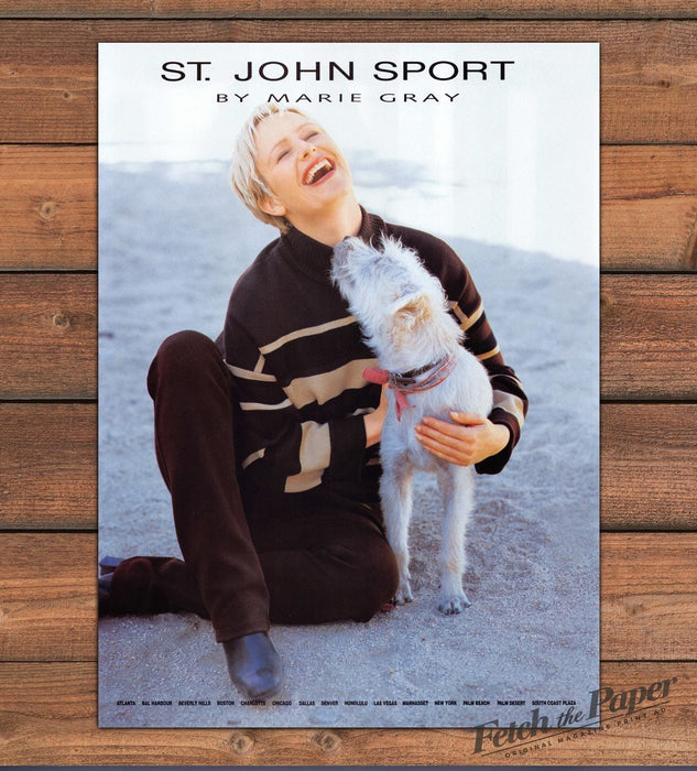 St. John Sport by Marie Gray Woman With Mutt Dog on Beach Print Ad 1997 1990s