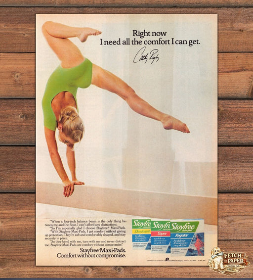 Stayfree Maxi Pads Cathy Rigby Olympic Gymnast 1980s Print Advertisement Ad 1982