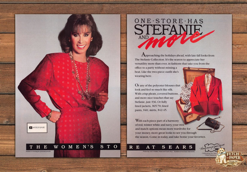 Stefanie Collection Red Print Dress Sears Fashion Print Ad 1986 1980s (2pgs)