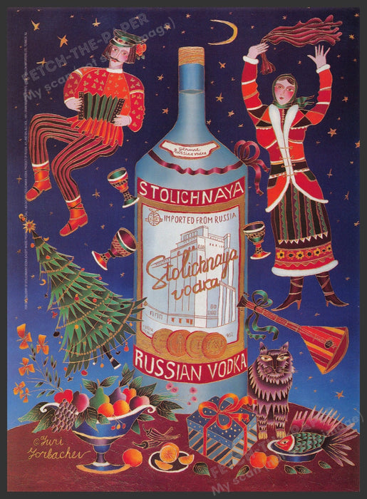 Stolichnaya Yuri Gorbachev Illustration 1990s Print Advertisement 1995 Christmas Fetch the Paper!