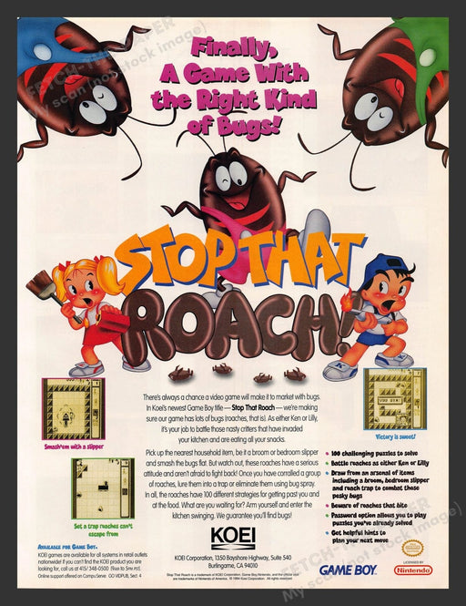 Stop That Roach! Koei Video Game 1990s Print Advertisement Ad