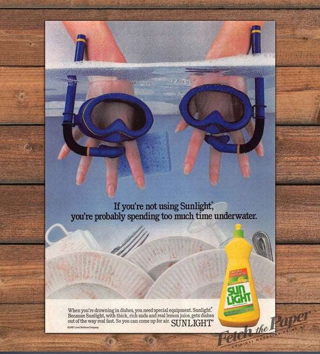 Sunlight Dish Soap Hands Snorkel Masks Dishwater Print Ad 1987 1980s