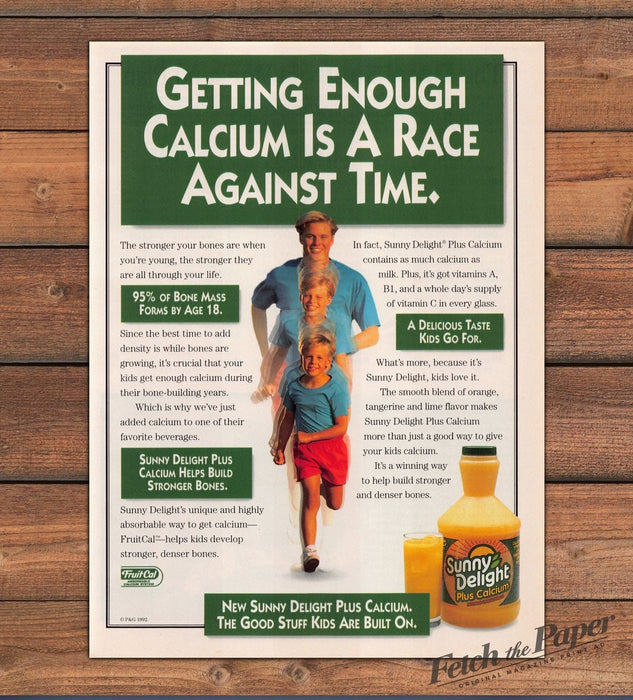 Sunny Delight Plus Calcium Boy Running Bone Health Print Ad 1993 1990s