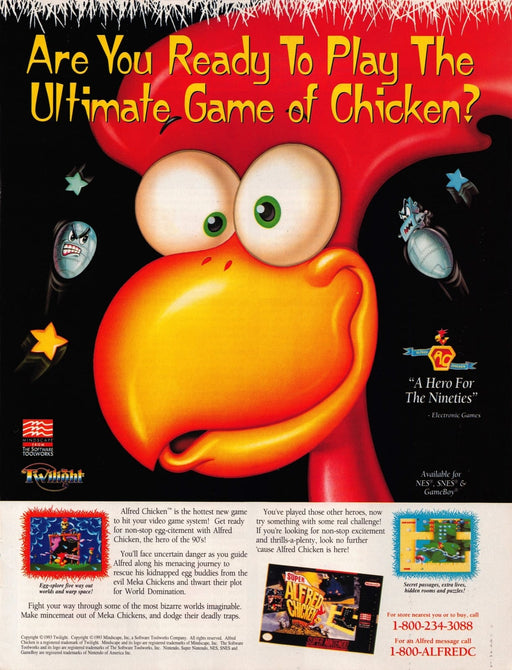 Super Alfred Chicken Video Game 1990s Print Advertisement Ad 1993