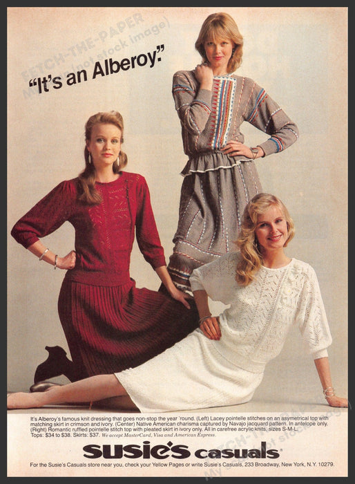 Susie's Casuals 1980s Print Advertisement 1982 Legs "It's an Alberoy" Fetch-the-Paper
