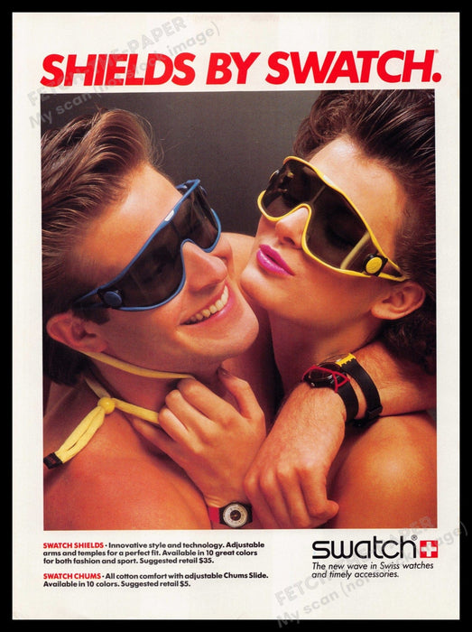 Swatch Shields Sunglasses Chums 1980s Print Advertisement Ad 1985 Fetch-the-Paper