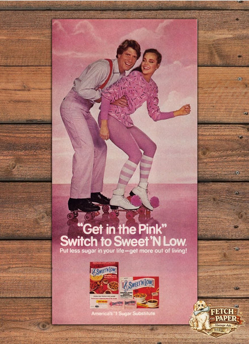 Sweet'N Low Get in the Pink Roller Skating Sugar Substitute Print Ad 1981 1980s