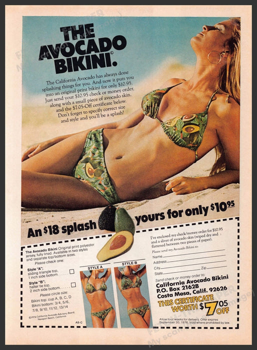 The Avocado 1970s Magazine Print Advertisement Ad 1977 Bikini Beach Sun Unique