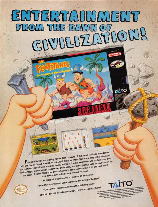 The Flintstones: Treasure of Sierra Madrock Video Game 1990s Print Ad 1994