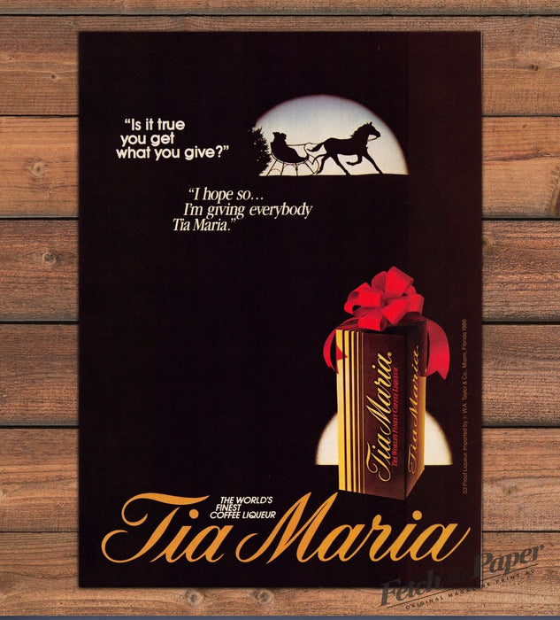 Tia Maria Coffee Liqueur Sleigh Ride Gift Box Bow Print Ad 1986 1980s