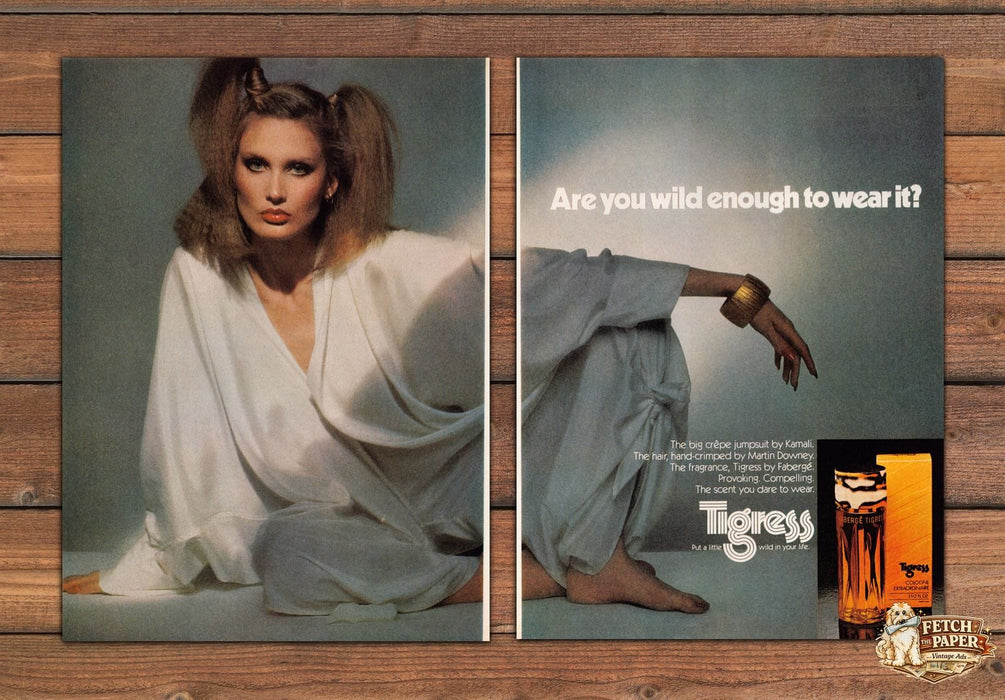 Tigress by Faberge Cologne Crimped Hair Jumpsuit Print Ad 1977 1970s (2pgs)