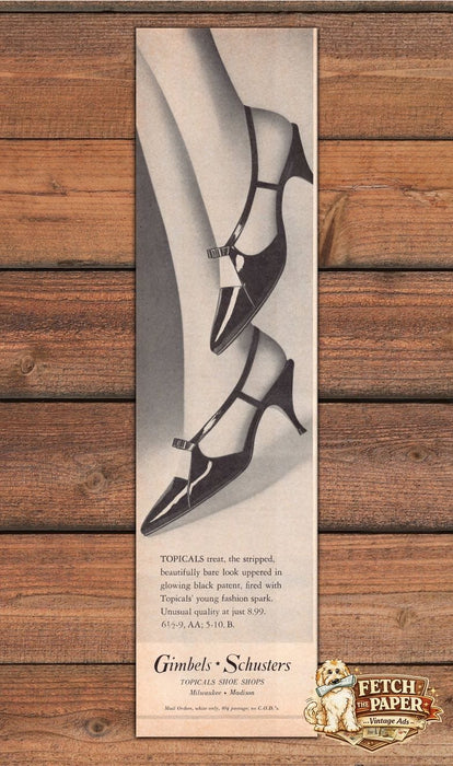 Topicals Gimbels Schusters Black Patent T-Strap Heels Print Ad 1966 1960s