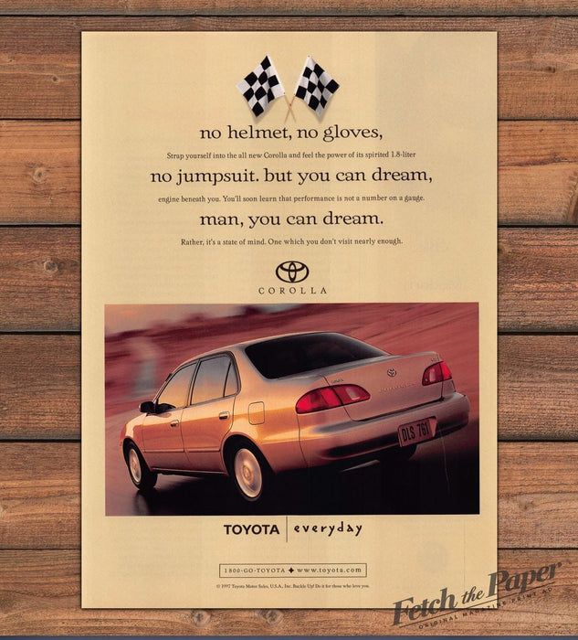 Toyota Corolla "no helmet, no gloves" Checkered Flags Car Print Ad 1998 1990s