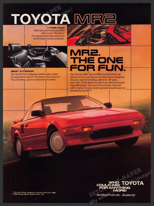 Toyota MR2 1980s Magazine Print Advertisement 1987 "The one for fun" Fetch-the-Paper